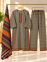 Women 3 Piece Suit in Cream Striped Print with Ajrak Border Dupatta