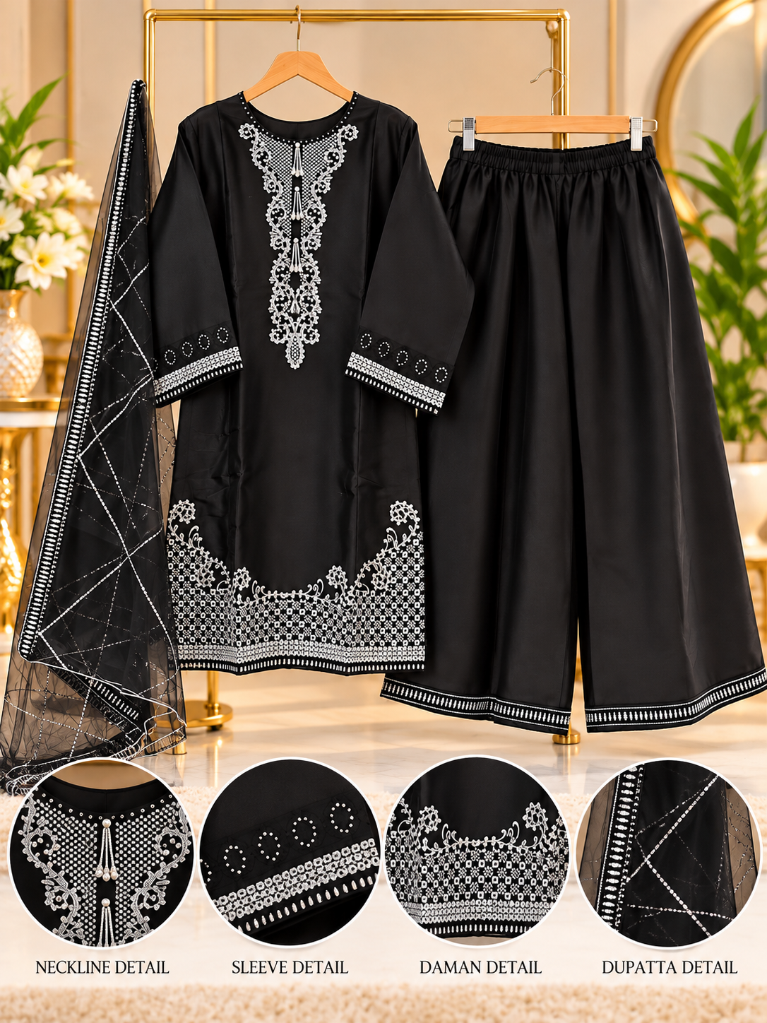 Black Embroidered 3 Piece Suit for Women - Shirt, Palazzo & Net Dupatta