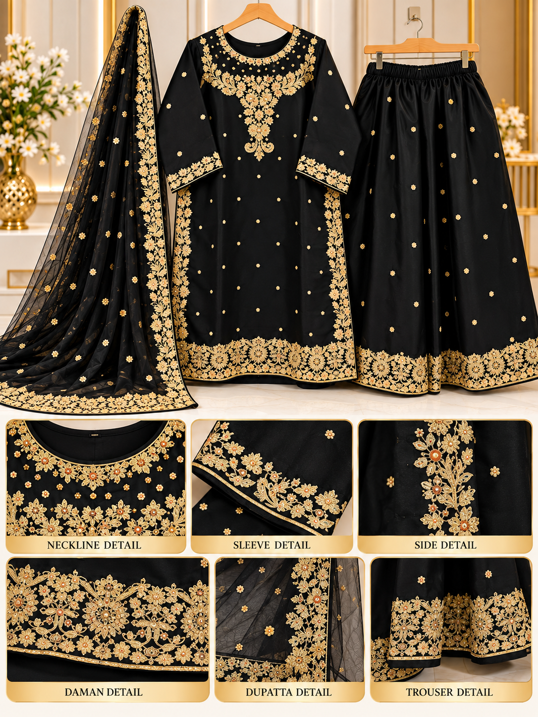 Black & Golden Embroidered 3 Piece Suit for Women - Shirt, Palazzo & Net Dupatta