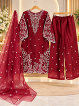 Maroon Embroidered 3 Piece Suit for Women - Shirt, Palazzo & Net Dupatta
