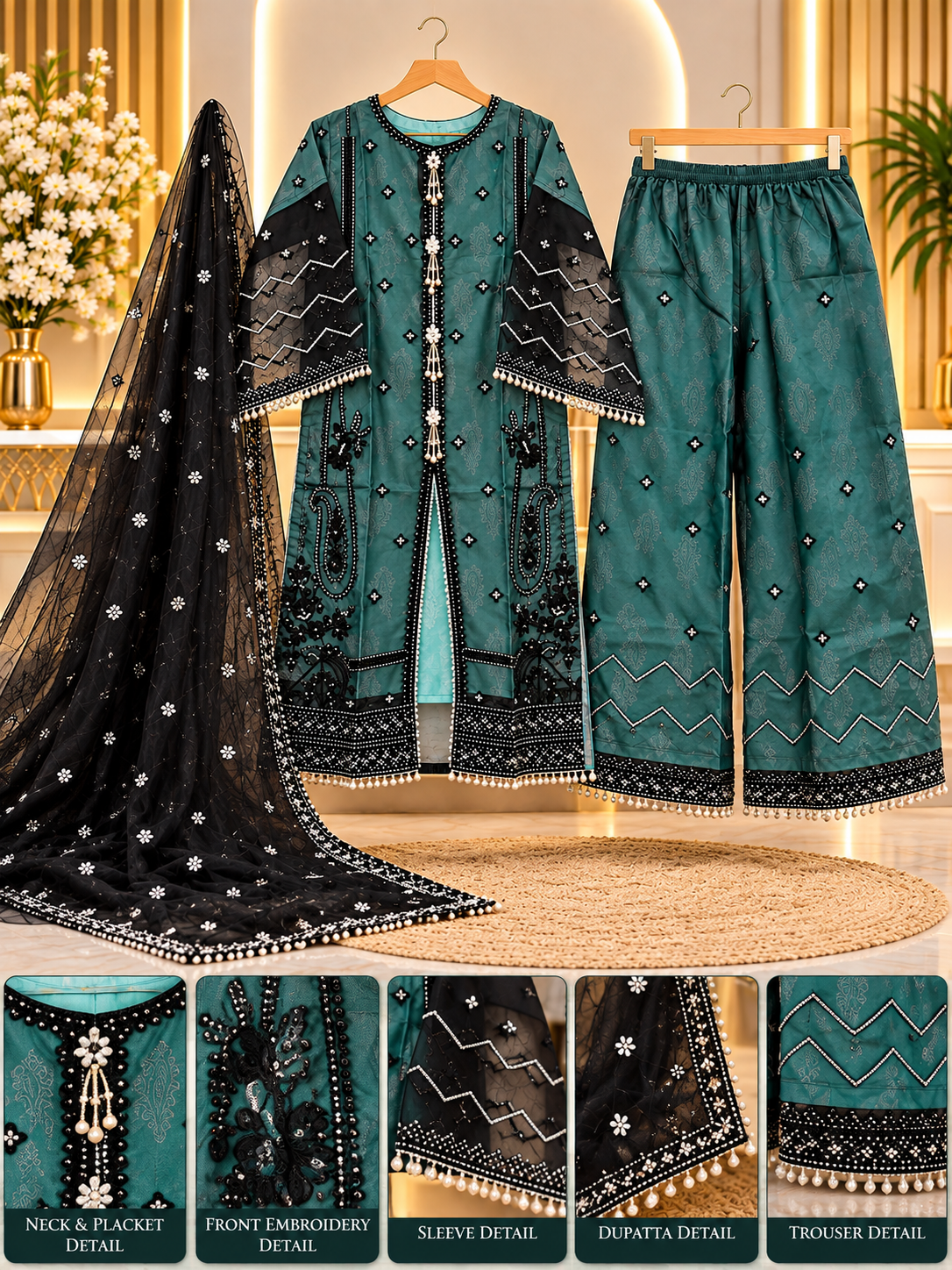 Teal Embroidered 3 Piece Suit for Women - Front Open Shirt, Palazzo & Black Net Dupatta