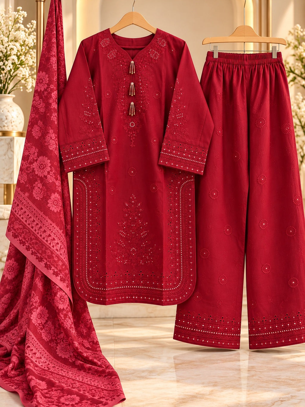Embroidered 3 Piece Suit for Women | Printed Dupatta & Wide Leg Trouser | Red, Plum, Coral Pink | Standard Size