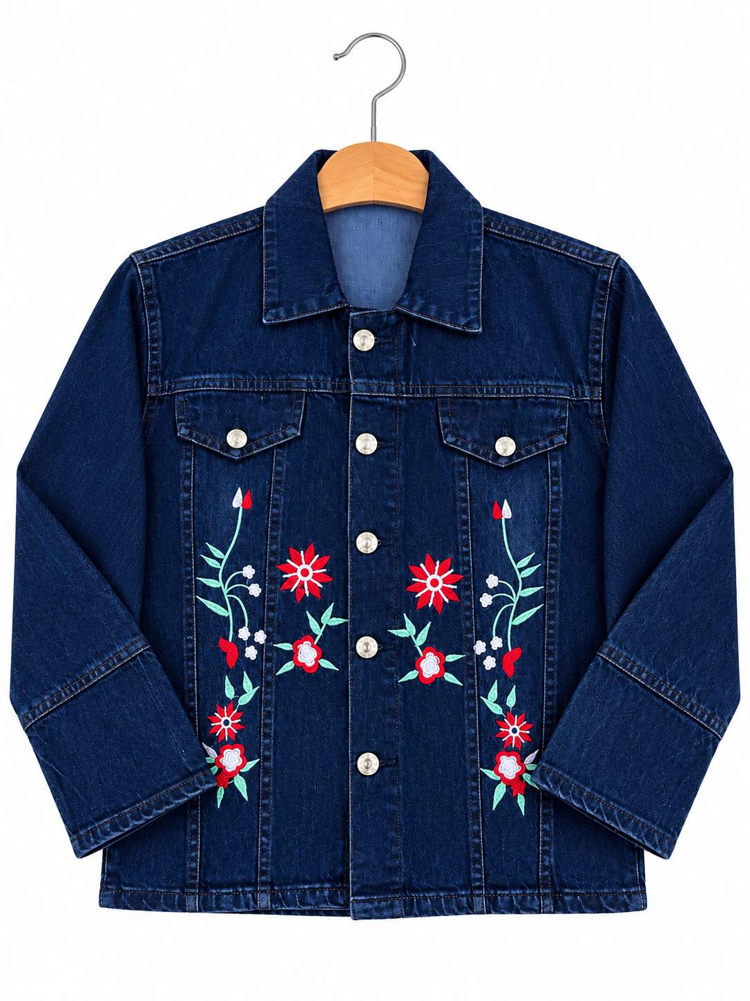 Girls Dark Blue Denim Jacket with Flower Embroidery – Standard Size