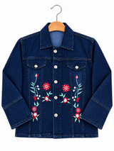 Girls Dark Blue Denim Jacket with Flower Embroidery – Standard Size