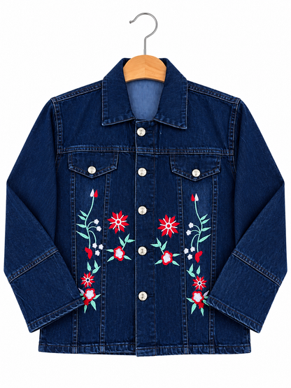 Girls Dark Blue Denim Jacket with Flower Embroidery – Standard Size
