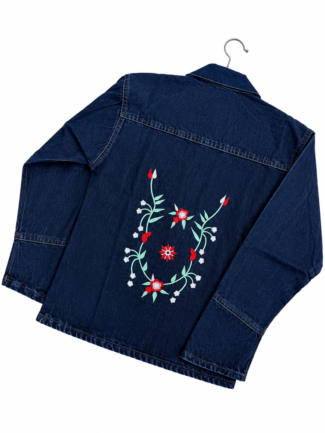 Girls Dark Blue Denim Jacket with Flower Embroidery – Standard Size