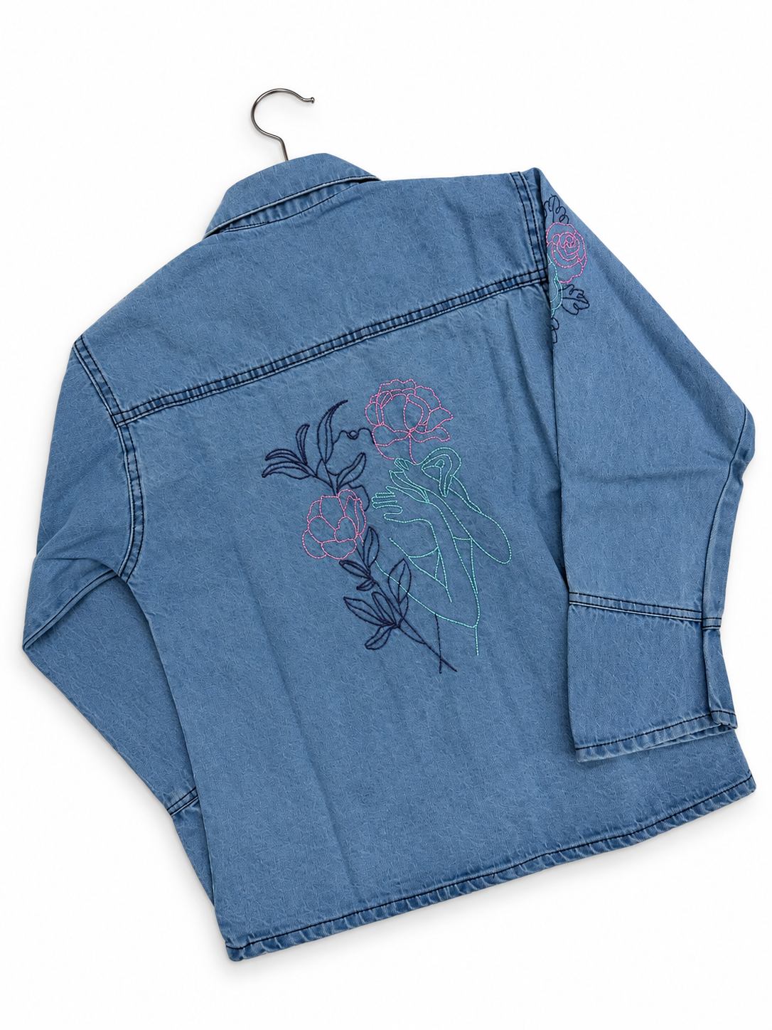 Girls Light Blue Denim Jacket with Rose Embroidery – Standard Size
