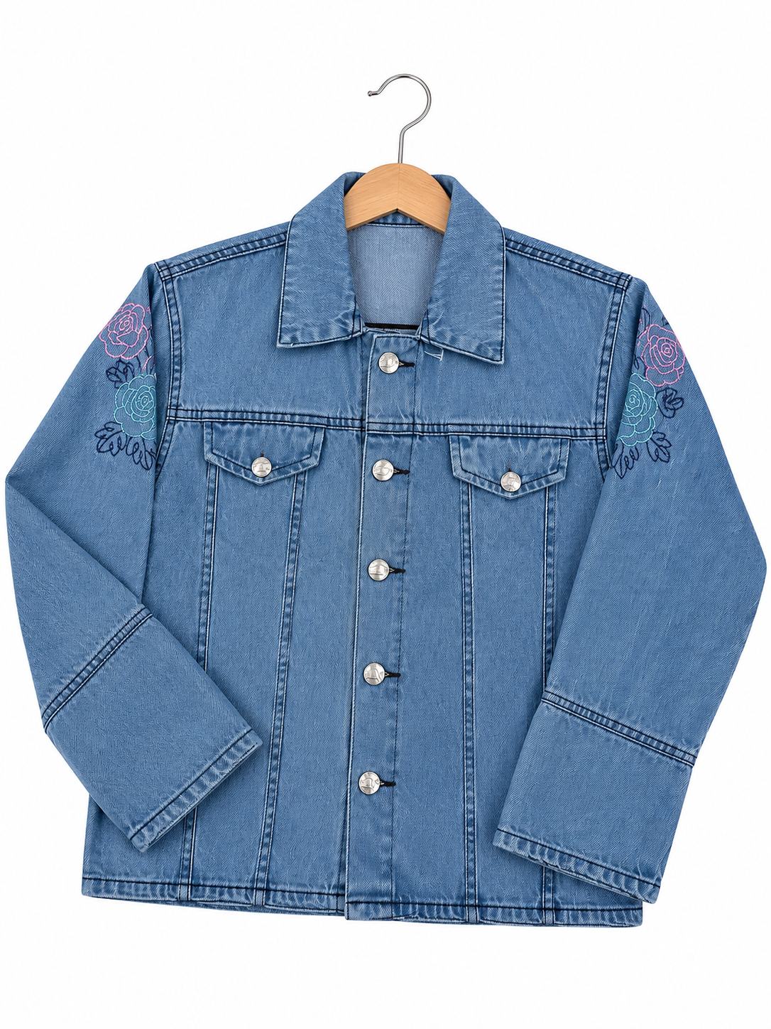 Girls Light Blue Denim Jacket with Rose Embroidery – Standard Size