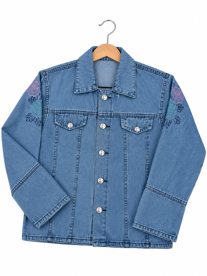 Girls Light Blue Denim Jacket with Rose Embroidery – Standard Size