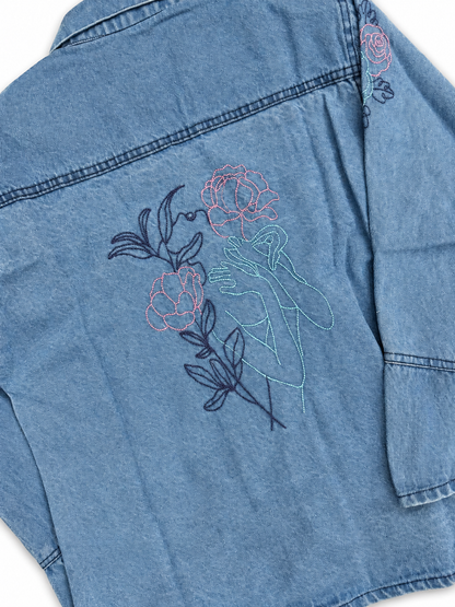 Girls Light Blue Denim Jacket with Rose Embroidery – Standard Size
