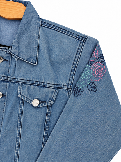 Girls Light Blue Denim Jacket with Rose Embroidery – Standard Size