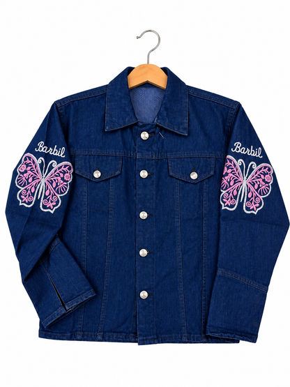 Girls Dark Blue Denim Jacket with Butterfly Embroidery – Standard Size