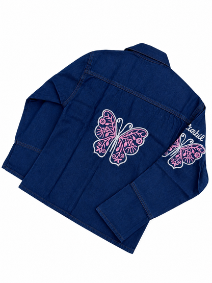 Girls Dark Blue Denim Jacket with Butterfly Embroidery – Standard Size