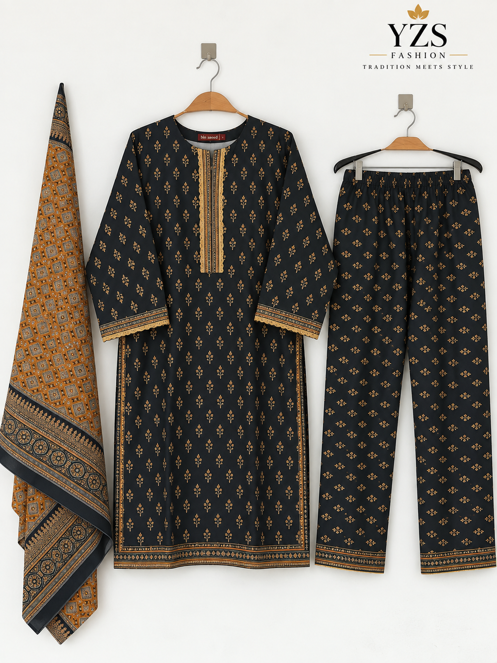 Women 3 Piece Suit in Black with Golden Print and Mustard Dupatta