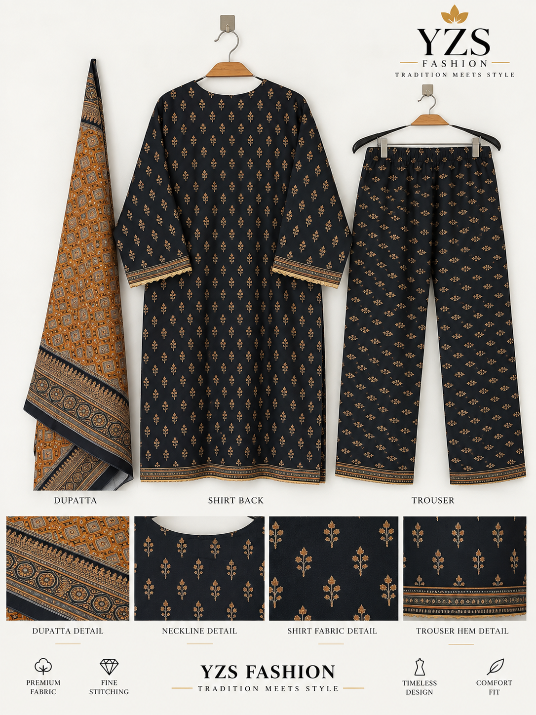 Black &amp; Mustard Embroidered Khaddar 3-Piece Suit