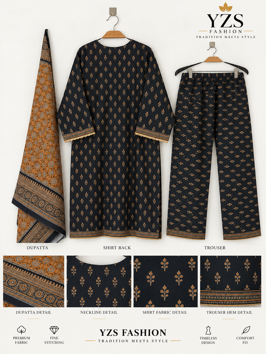 Women 3 Piece Suit in Black with Golden Print and Mustard Dupatta