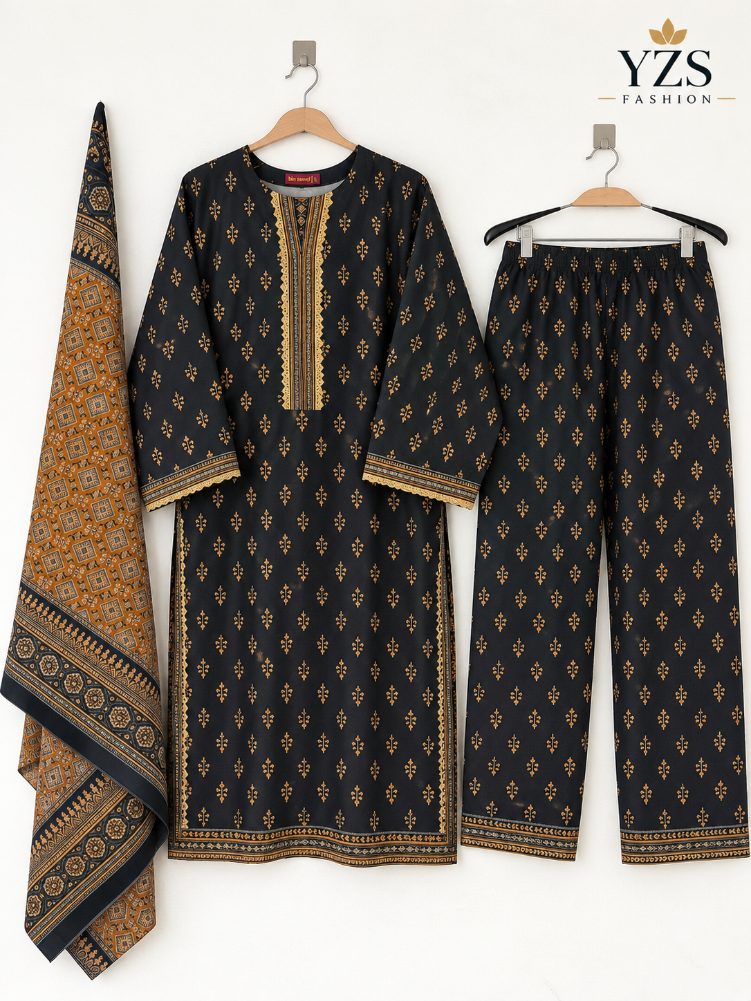 Black &amp; Mustard Embroidered Khaddar 3-Piece Suit
