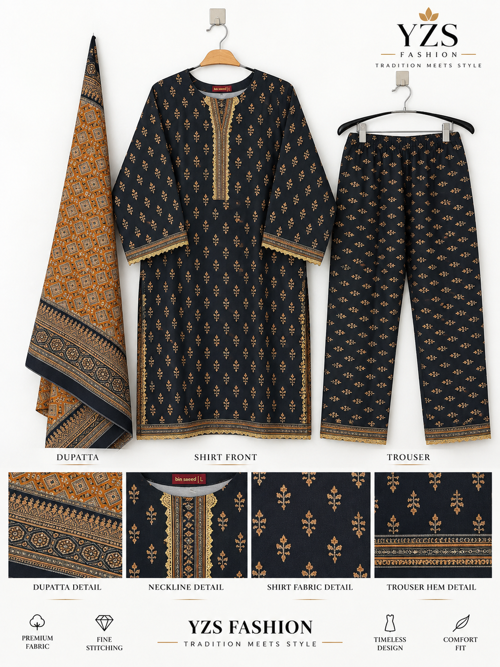 Black &amp; Mustard Embroidered Khaddar 3-Piece Suit