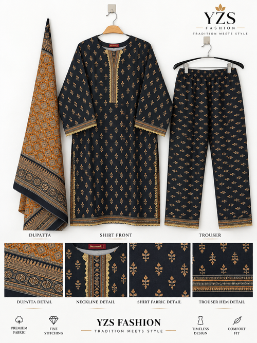 Black &amp; Mustard Embroidered Khaddar 3-Piece Suit