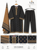 Women 3 Piece Suit in Black with Golden Print and Mustard Dupatta