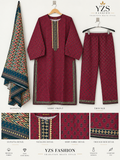 Maroon Chevron Embroidered Khaddar 3-Piece Suit