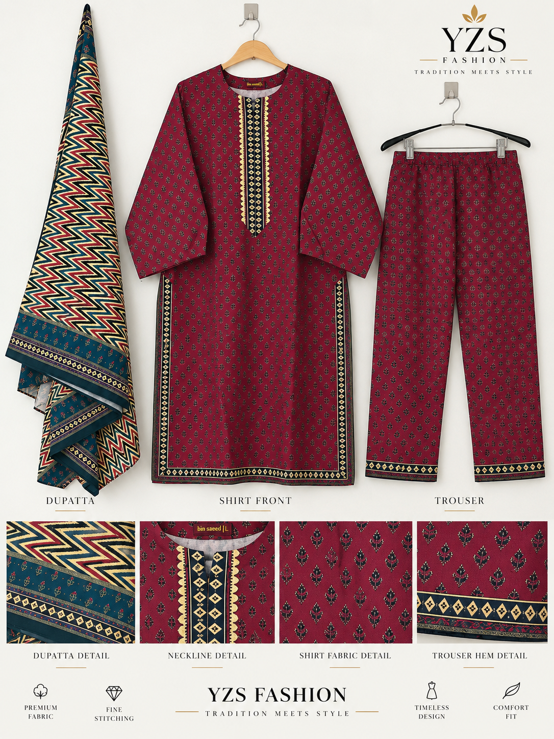 Maroon Chevron Embroidered Khaddar 3-Piece Suit