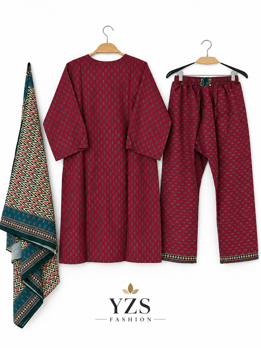 Women 3 Piece Suit in Maroon Print with Zigzag Dupatta
