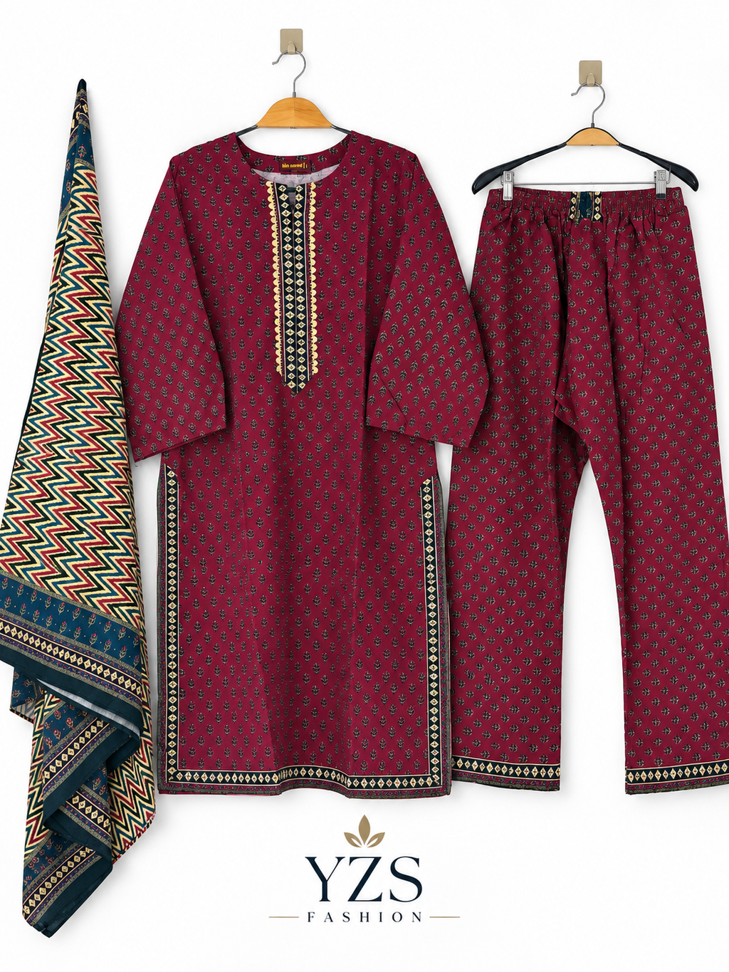 Women 3 Piece Suit in Maroon Print with Zigzag Dupatta