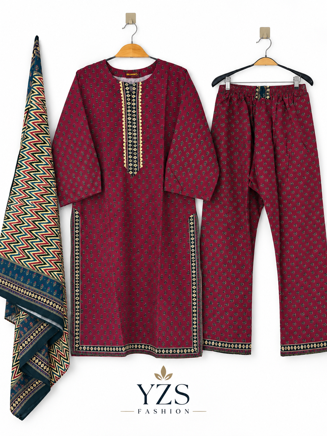 Maroon Chevron Embroidered Khaddar 3-Piece Suit