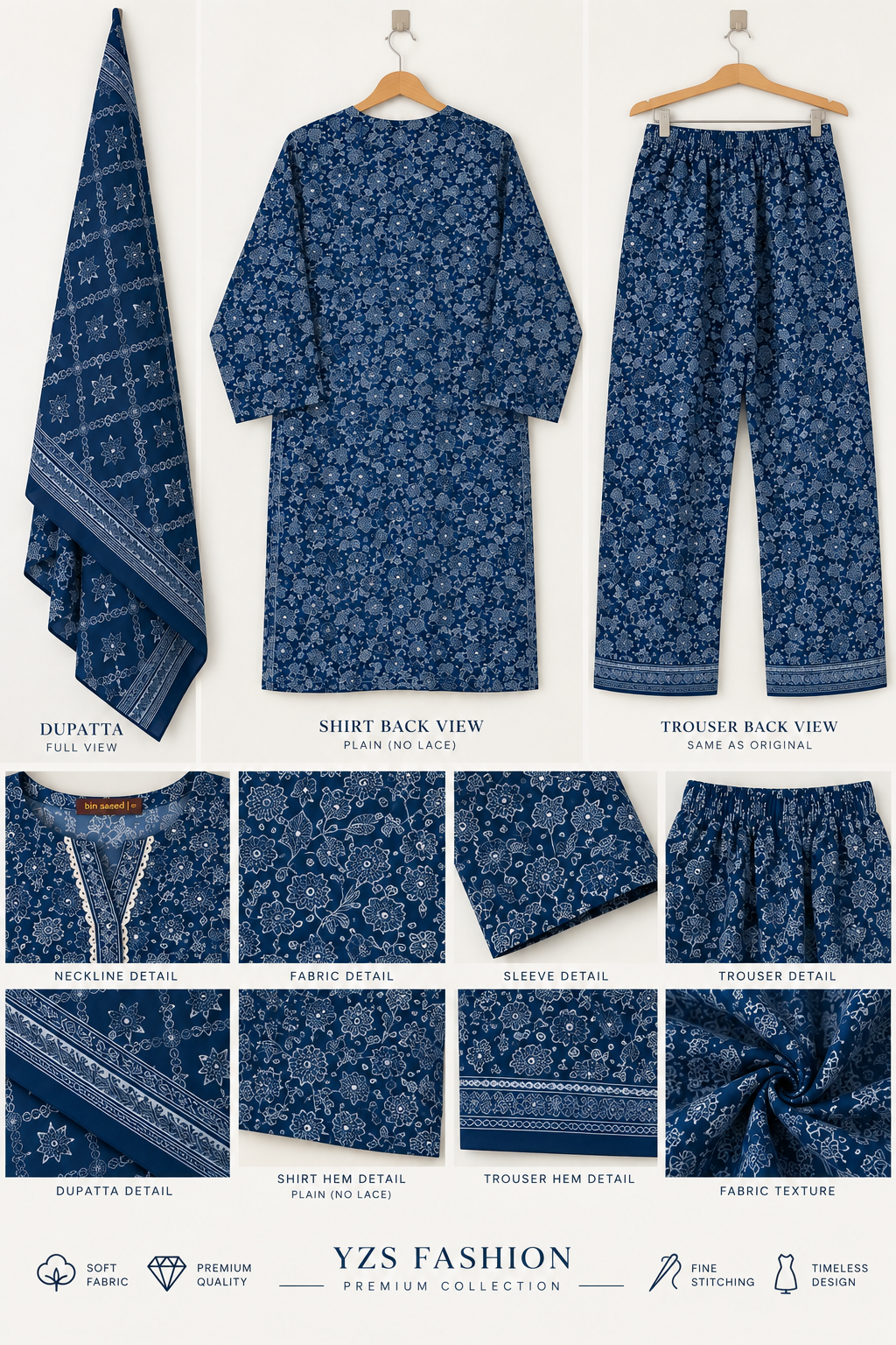 Indigo Blue Floral Printed 3-Piece Suit