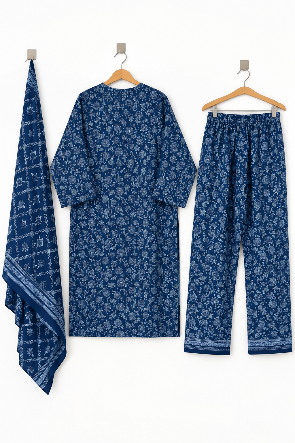 Indigo Blue Floral Printed 3-Piece Suit