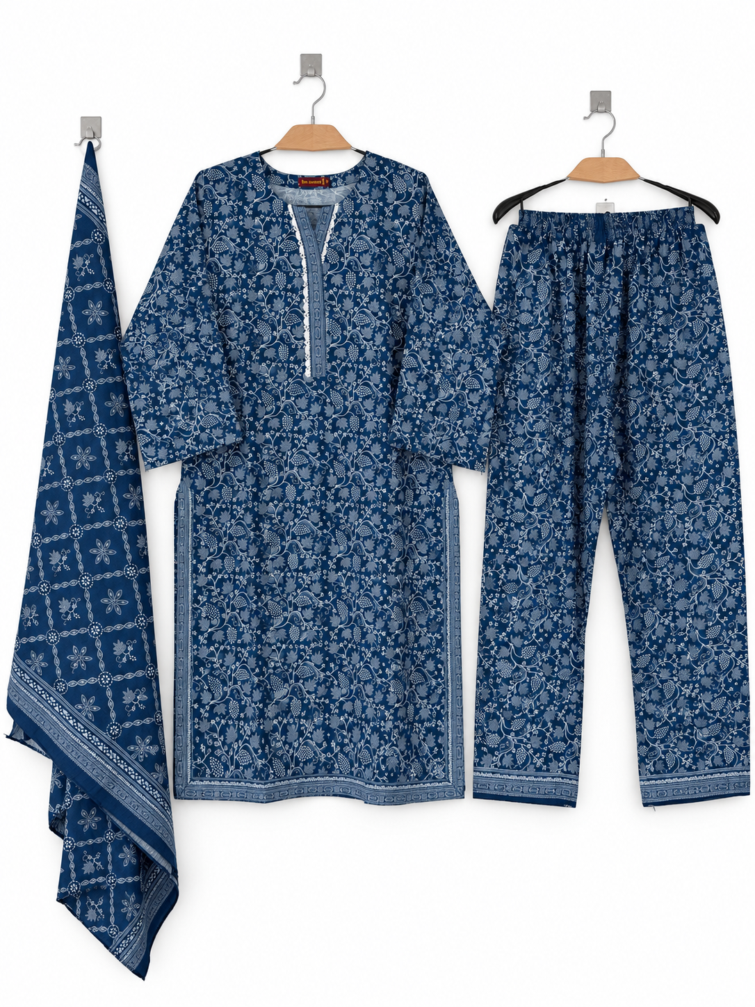 Women 3 Piece Suit in Navy Blue Floral Print with Dupatta