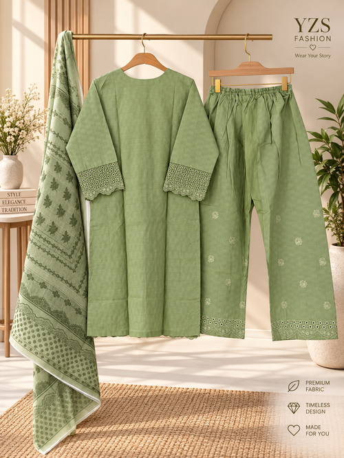 3 Piece Embroidered Winter Cotton Suit with Printed Dupatta