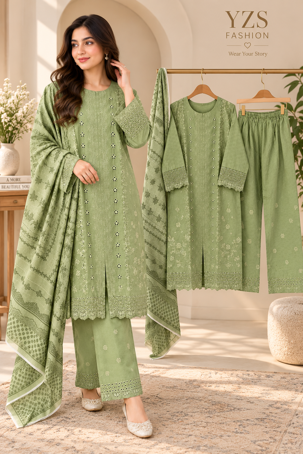 3 Piece Embroidered Winter Cotton Suit with Printed Dupatta