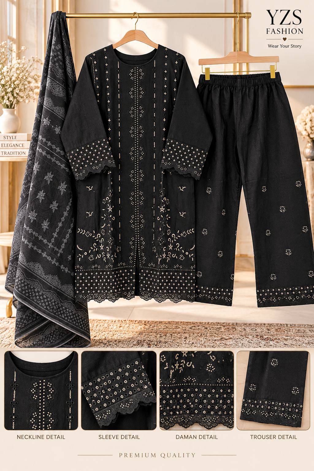 3 Piece Embroidered Winter Cotton Suit with Printed Dupatta