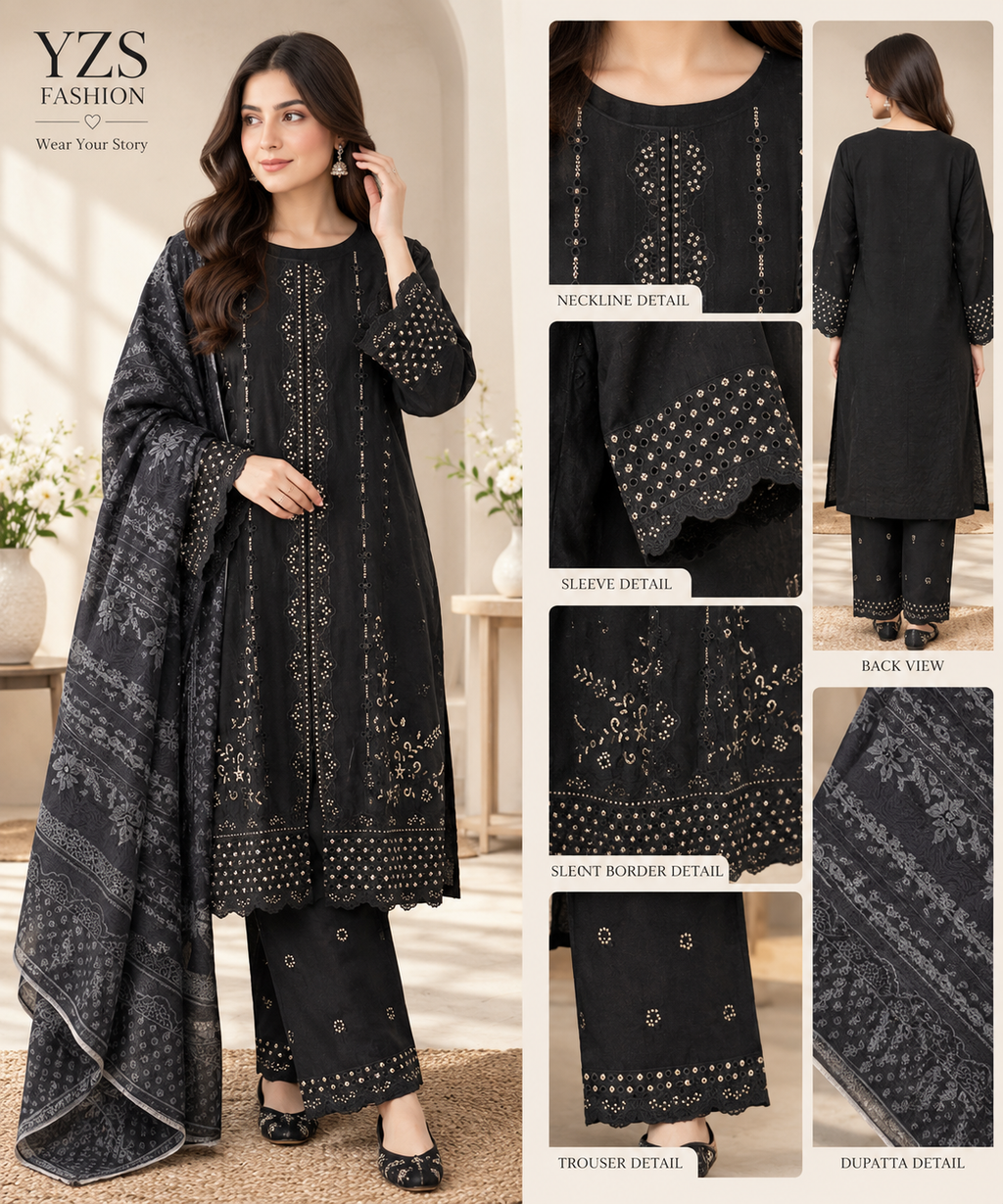 3 Piece Embroidered Winter Cotton Suit with Printed Dupatta