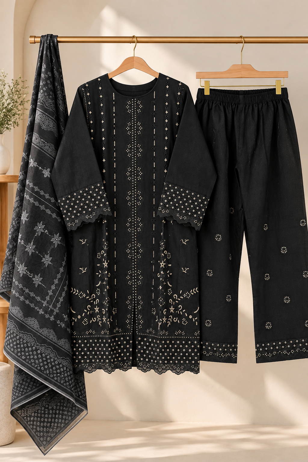 3 Piece Embroidered Winter Cotton Suit with Printed Dupatta