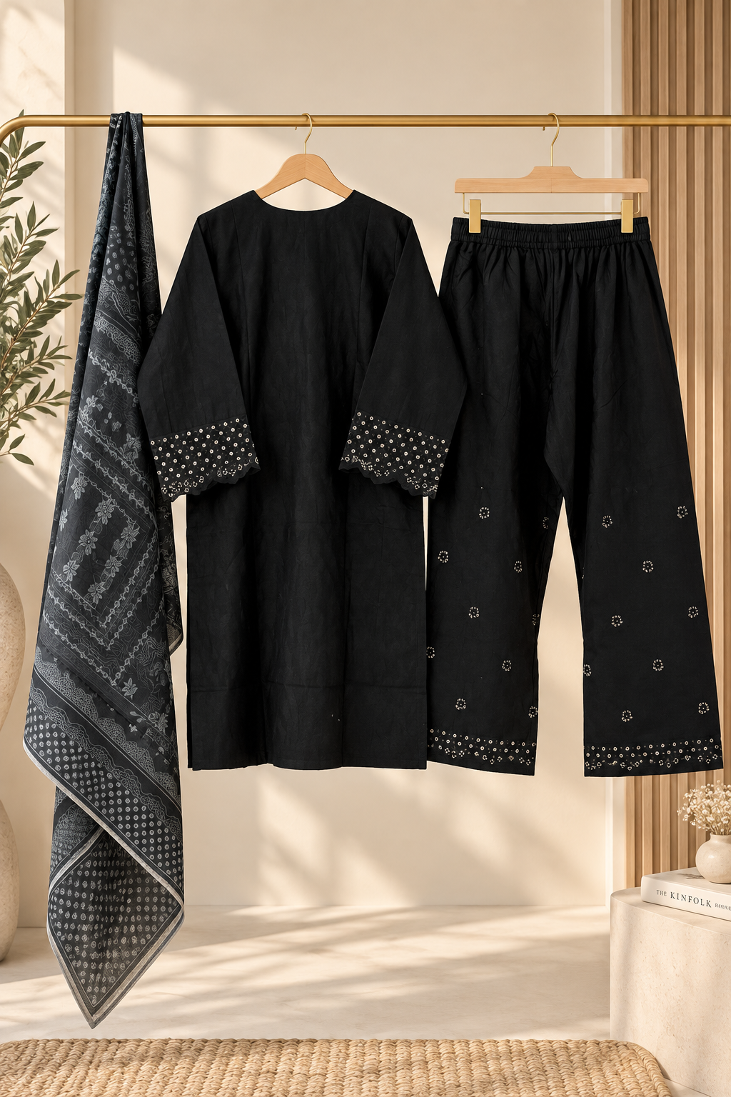 3 Piece Embroidered Winter Cotton Suit with Printed Dupatta