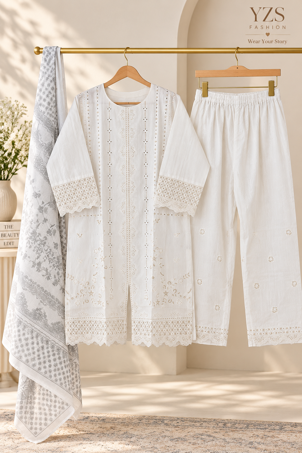 3 Piece Embroidered Winter Cotton Suit with Printed Dupatta