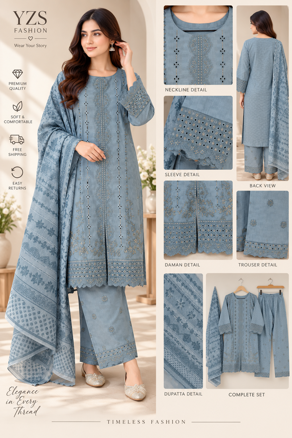 3 Piece Embroidered Winter Cotton Suit with Printed Dupatta