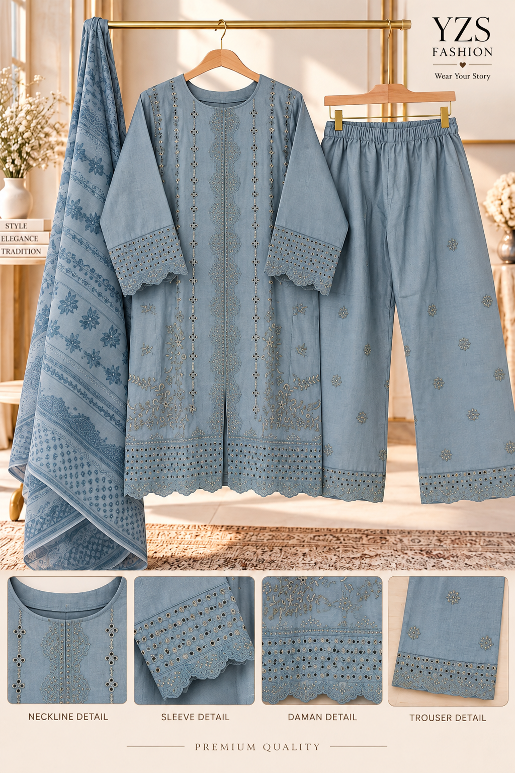 3 Piece Embroidered Winter Cotton Suit with Printed Dupatta