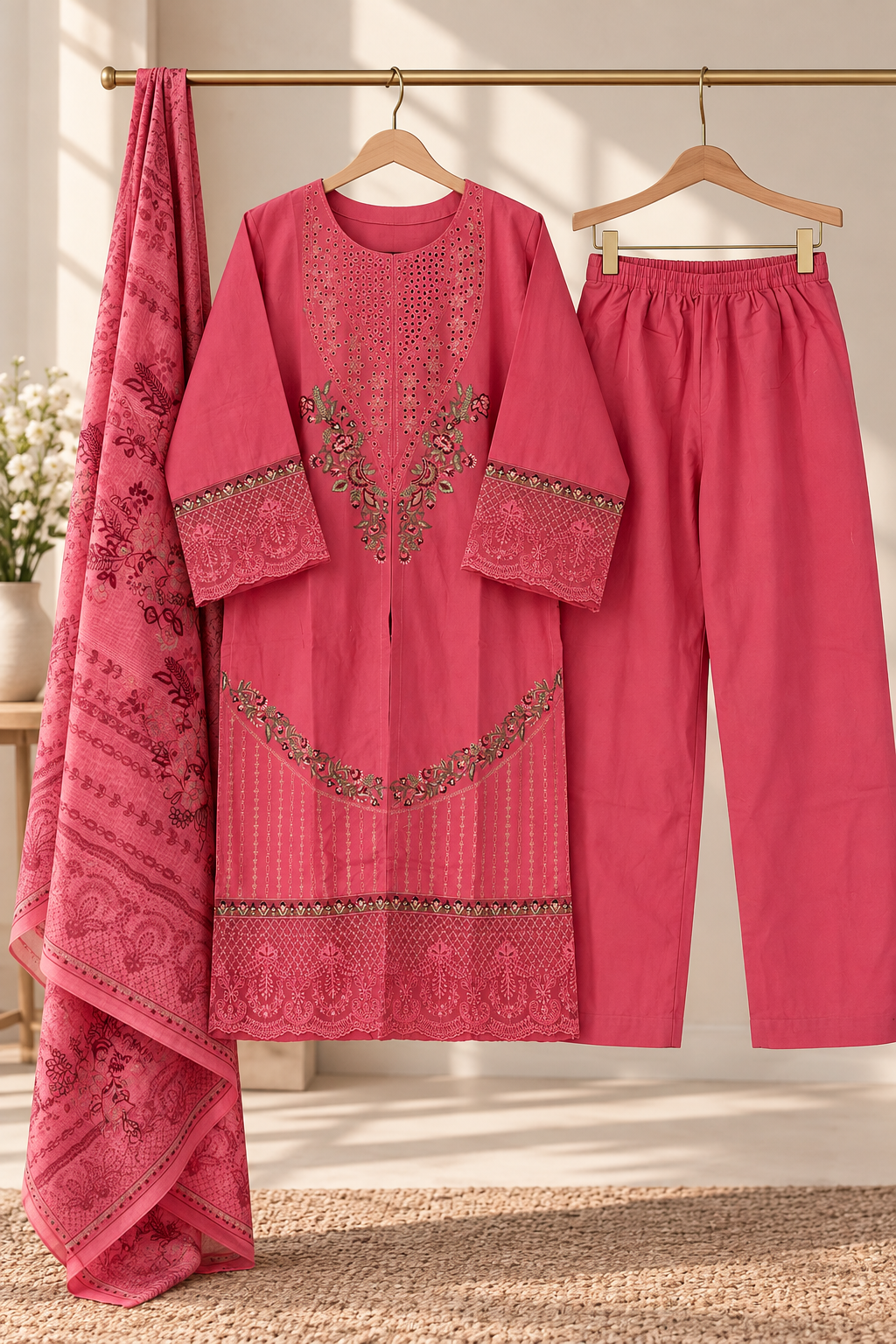 3 Piece Embroidered Winter Cotton Suit with Printed Dupatta - Neckline Design