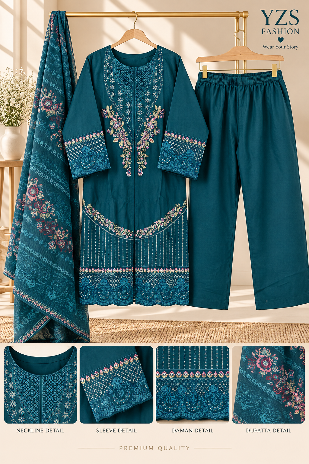 3 Piece Embroidered Winter Cotton Suit with Printed Dupatta - Neckline Design