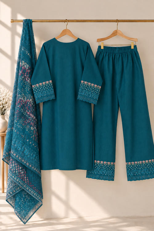 3 Piece Embroidered Winter Cotton Suit with Printed Dupatta - Neckline Design