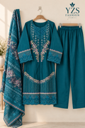 3 Piece Embroidered Winter Cotton Suit with Printed Dupatta - Neckline Design