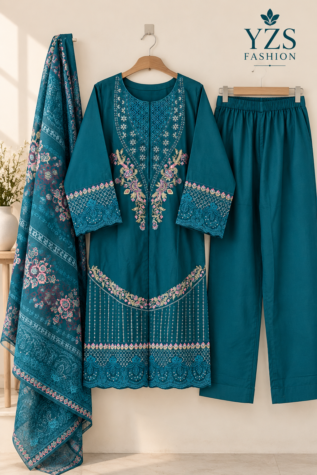 3 Piece Embroidered Winter Cotton Suit with Printed Dupatta - Neckline Design