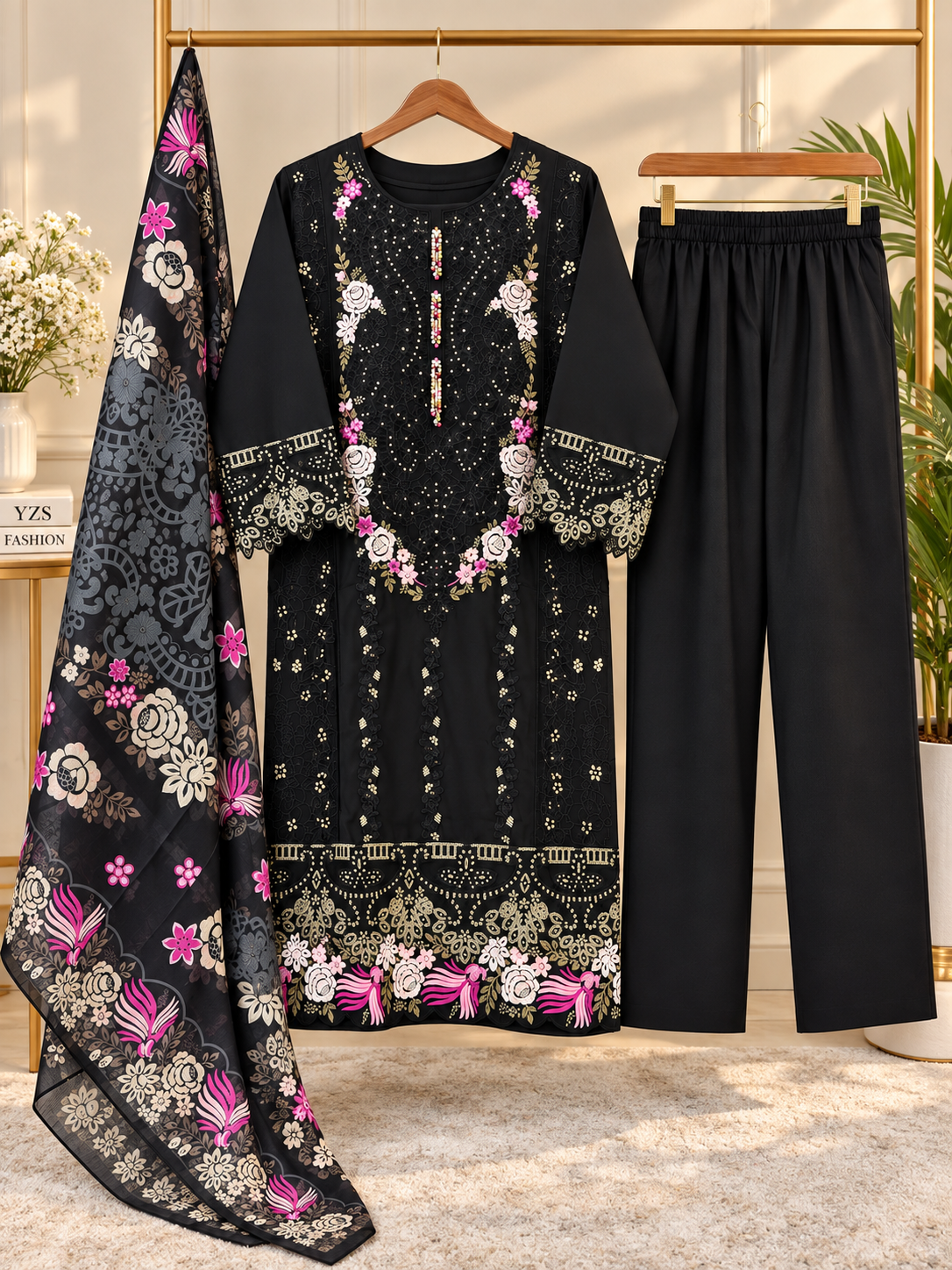 3 Piece Floral Embroidered Winter Cotton Suit with Printed Dupatta