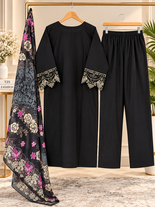 3 Piece Floral Embroidered Winter Cotton Suit with Printed Dupatta