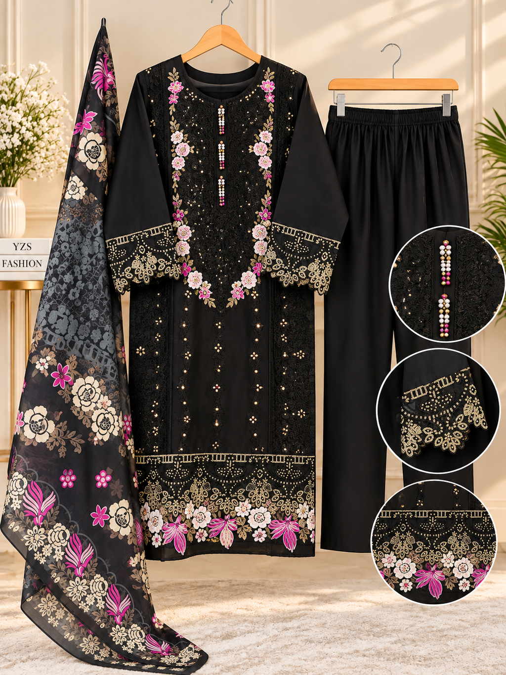 3 Piece Floral Embroidered Winter Cotton Suit with Printed Dupatta