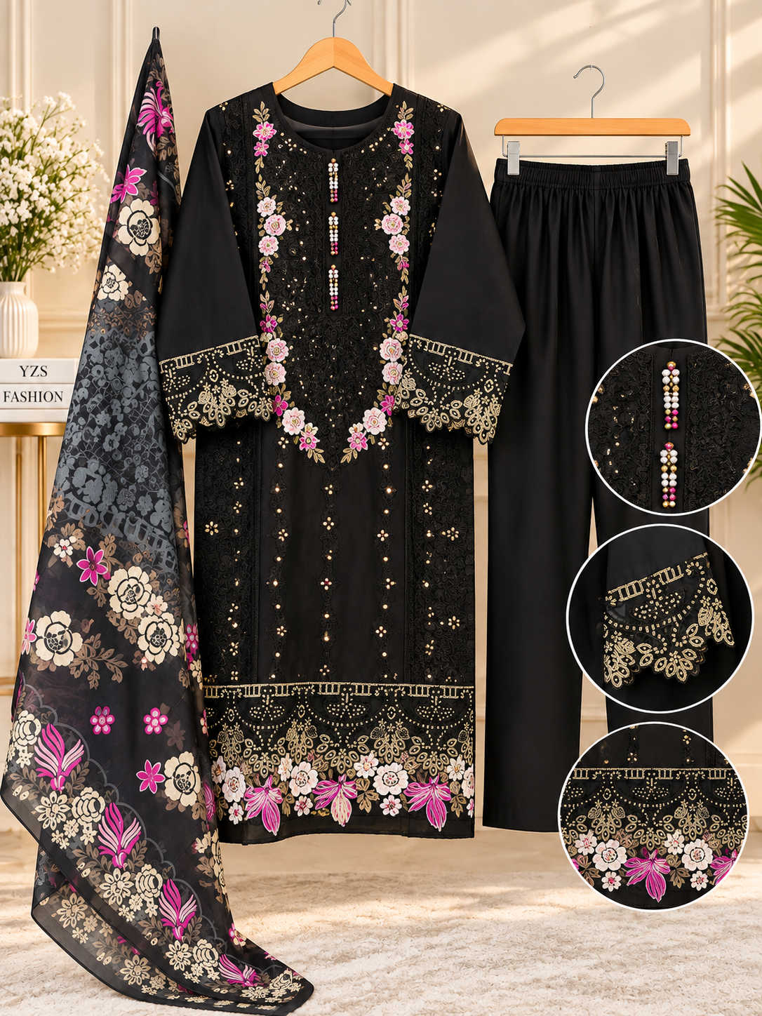 3 Piece Floral Embroidered Winter Cotton Suit with Printed Dupatta